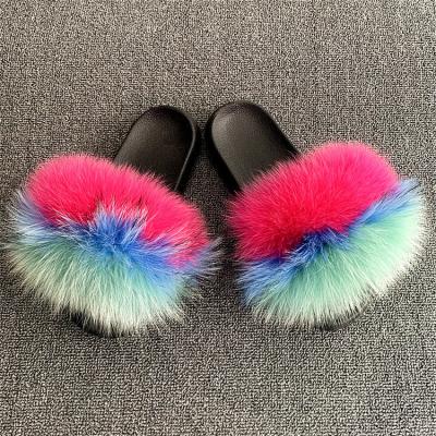 China 2022 Lightweight Fashion Wallet and Fur Slide Border Set, Real Fox Fur Slippers, Women's Raccoon Fur Eva Flat Bottom Home Flip Flops for sale