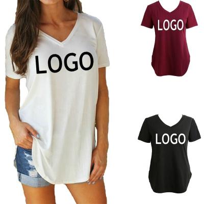 China Anti-Wrinkle Fashion Hot Sexy V-Neck T-Shirts 100% Cotton Short Sleeves Breathable For Ladies for sale