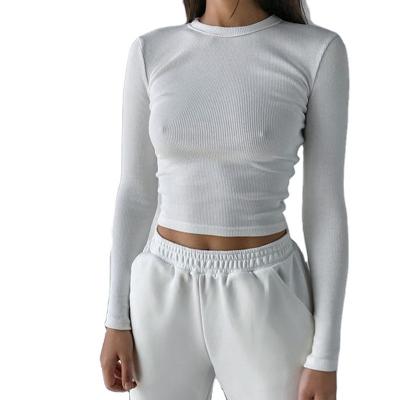 China Anti-Wrinkle O Neck Long Sleeve T Shirts Women Ribbed Cropped Tops Sexy Spring Casual Slim Basic Woman for sale