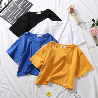 China Casual T-Shirts O Neck Solid Waist Anti-Wrinkle Summer Short Sleeve Women Cotton Crop Tops Casual Loose Top for sale