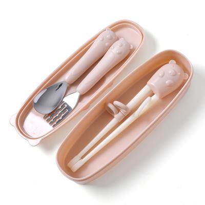 China Sustainable Portable Lovely Baby Feeding Tableware 3 Pieces Set Children's Fork Spoon Chopsticks Training Study Suit for sale