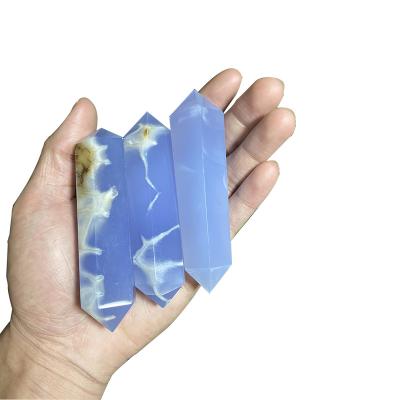 China Europe FengShui Double Dots Tricks Energy Healing Stone Magic Wands Crystal Blue Chalcedony Gemstone For Home Decoration for sale