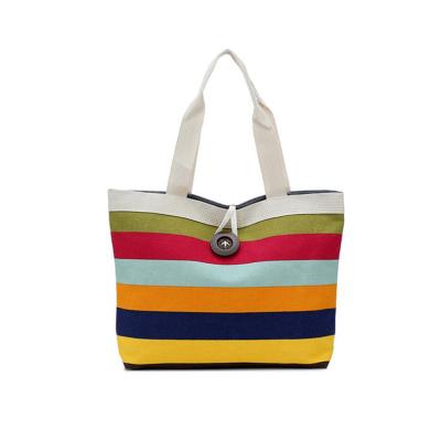 China 2021 New Hot Selling Colorful Canvas Foldable Tote Shopping Handbag Stripe Shoulder Bags for sale