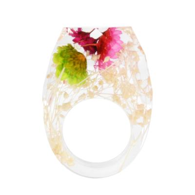 China Fashion High Quality CLASSIC Charm Custom Design Transparent Flower Ring Epoxy Resin Finger Rings For Ladies Jewelry for sale