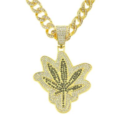 China Chain Cuba Europe And USA Hip Hop Full Of Diamonds Leaves Maple Leaf Pendant Cuban Chain Necklace Accessories for sale