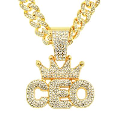 China Cuba Chain Europe And USA Hip Hop Full Diamonds Crown CEO Letters Cuba Pendant Necklace for sale