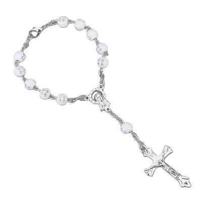 China Religious White Acrylic Catholic Rosary Bracelet Christian Jesus Our Lady Cross Beads Folded Pin Bracelet Sublimation Rosary Bracelets Jewelry for sale