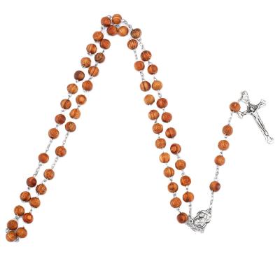 China Saint Benedict Religious Rosary 7x8mm Wood Bead Catholic Cross Necklace Rosaries Sublimation Rosary Necklace for sale