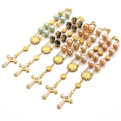 China 10MM Religious Glass Bead With Gold Sublimation Jesus Rosary Beaded Bracelets Cross Rosary Bracelet Flower Holder Bracelet Catholic Beads Bracelet for sale