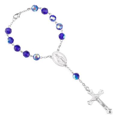 China Religious Blue Glass Beads Madonna Number Rosary Bracelet INRI Jesus Alloy Cross Auto Rosary Catholic Sublimation Rosary Bracelets for sale