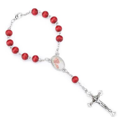 China Catholic Bishop Pocket Rosary Beads Sublimation Rosary Bracelets Divine Jewelry Wooden Automatic Prayer Bracelet 8MM Red Rosary Religious for sale