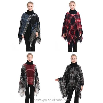 China Wholesale Women's Anti-pilling Knit Turtle Neck Plaid Poncho Top 10 Oversized Sweater for sale