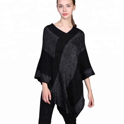 China New Wholesale Anti Shrink Women Black Knit Poncho With Fringe Top 10 Stripe Oversized Sweater for sale