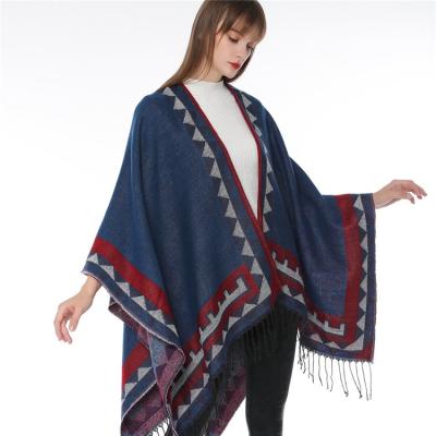 China Women Acrylic Winter Woven Shawl Ladies Warm Stole Cashmere Poncho Elegant Wholesale Cashmere Poncho for sale