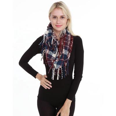 China Wholesale winter warm acrylic mixed cashmere knit infinity scarf with fringe cashmere feel plaid personalized scarf for sale