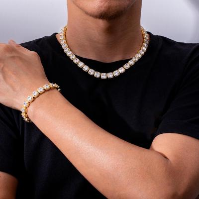 China Wholesale Non-fading Gold Plated 10mm Mens Hiphop Tennis Chain Jewelry White Gold Plated Tennis Chain Bracelet Necklace for sale