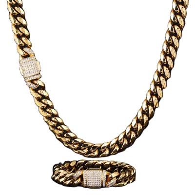 China Hiphop 12mm Cuban Link Chain Stainless Steel Gold White Color Inlaid Thick Solid Cuban Chain New for sale