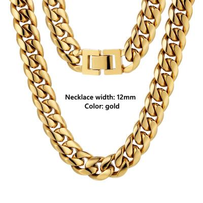 China Wholesale Custom 18K Stainless Steel Hip Hop 12MM Gold Plated Necklace Cuban Link Chain for sale