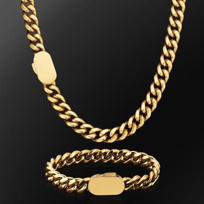 China Hiphop Push Box Clasp Waterproof 18K Gold Restriction Miami Cuban Link 316 Stainless Steel Flats Set Chain Bracelet Necklace For Men for sale