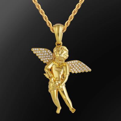 China Iced Out Non-fading CZ Diamond Angel Wings Pendant for God of Love Guardian Necklace Gold Plated Angel Pendant Men's Jewelry Cupid Pendant for sale