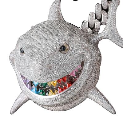 China Non-fading hitter Hip Hop 5 inch & large 925 Sterling Silver Bruce Full Lab Diamond Bling Shark Necklace Iced Shark Charm Pendant Large for sale