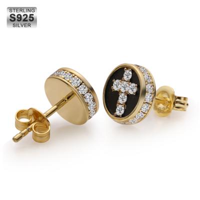 China CLASSIC Fashion 14K Gold Plated 925 Sterling Silver Round CZ Stone Cross Stud Earrings For Women/Men for sale