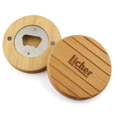 China Viable Custom Logo Blank Stainless Steel Magnetic Fashion Round Coaster Wooden Beer Bottle Opener for sale