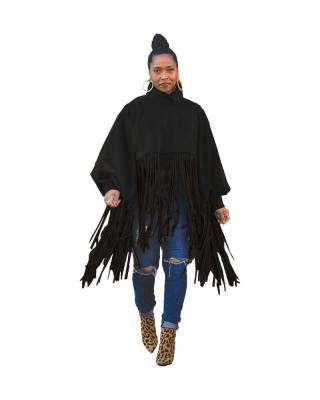 China Polyester Women's Solid Color Long Sleeve Tassel Top Street Fashion Wear Plus Size Tassel Women's Top Fringe Long Sleeve Poncho Coat for sale