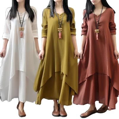 China 2022 New Women's Long Two Piece Fake Breathable Maxi Dress Round Neck Loose Spring Sleeve Cotton Fabric Plus Size Irregular Dress for sale