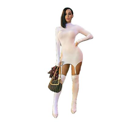 China Breathable High-neck Solid Color Slim Fit Hip Bag Long Sleeve Sexy Push Up Hook Bangs Buckle Dress Two-piece Women for sale