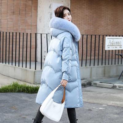 China Korean version of the 2021 new women's jacket breathable women's mid length loosely thickened over the knee fur collar shine winter jacket for sale