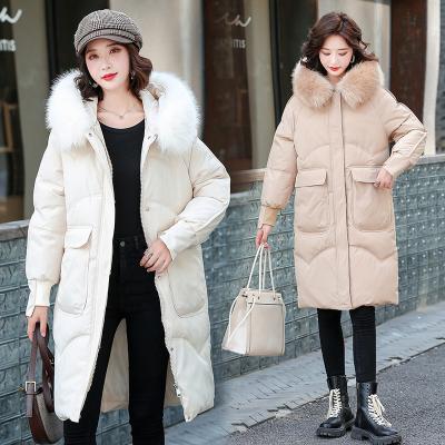 China 2021 breathable new large fur collar down jacket women padded long over-the-knee coat winter slim hooded white wholesale for sale