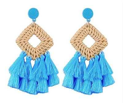 China Bohemian Environmentally Friendly High Quality Delicate Earrings Vintage Women Handmade Rattan Tassel Earrings New for sale