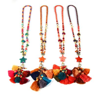 China Hot Selling Bohemia Fashionable Wood And Glass Pendant Tassels Bead Bohemia Necklace For Women for sale