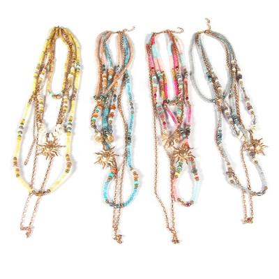 China Trendy BOHEMIA Multilayer Chain with Wooden and Sun Glass Dangling Beads and Shell Jewelry Bohemia Necklace for Women Multicolor for sale