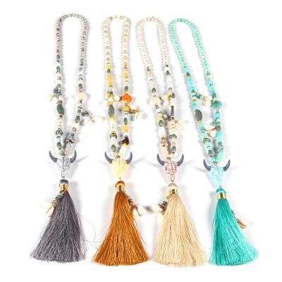 China BOHEMIA Bohemian Turquoise Bead Shell Ox Head Pendant Long Tassel Necklace Glass Beads Rosary Necklace for sale