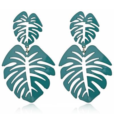 China Bohemia Colorful Metal Environment Friendly Exaggerated Double Hollow Leaves Coconut Big Beach Palm Leaf Earrings For Women for sale