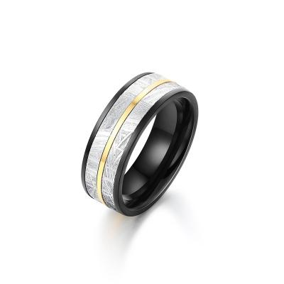 China Particularly Retro Wholesale Hard Meteorite Wedding Ring With Gold Plated Strip for sale