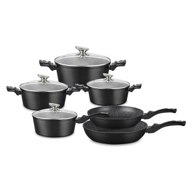 China Sustainable 10pcs Granite Cookware Set Non Marble Stick Cooking Pan Set Cookware With Bakelite Handle for sale