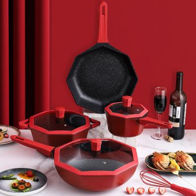 China New Red Star Anise Granite Non Stick Die Viable 7pcs Cast Aluminum Cookware Set for sale