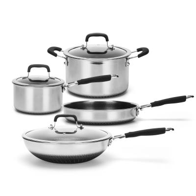 中国 7pcs Sustainable Three Layers German Bottom Cooking Pot Set 304 Stainless Steel Cookware Set 販売のため