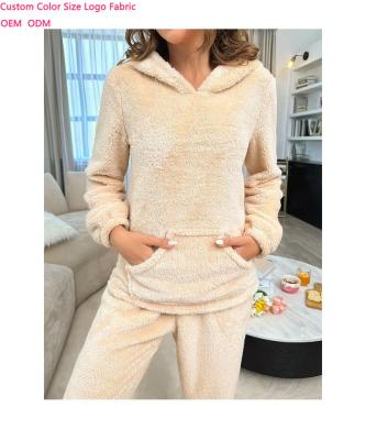 China Designer Hooded Workout Sets 2 Piece Wholesale OEM ODM Winter Sleepwear QUICK DRY Luxury Pajamas Loungewear Plush Set Top Pants For Women for sale