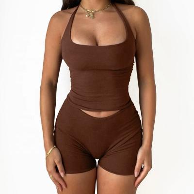 China Backless 2 Piece Set Women's Skinny Body Sport Tops. 2 Pieces QUICK DRY 2022 Women Summer Halter Shorts Set And Workout QUICK DRY for sale