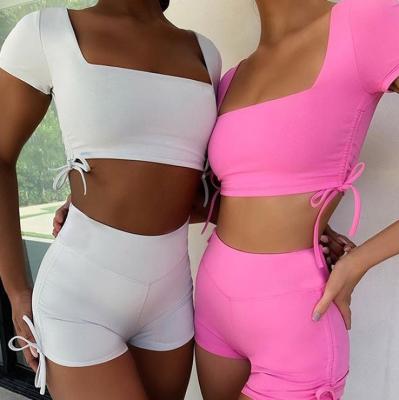 China New summer style women's two-piece suit QUICK-DRY short sports panties sexy backless short-sleeved lace-up fashion for sale