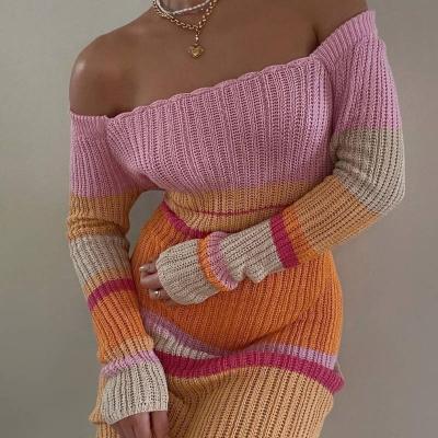 China 2022 Factory Ladies Antibacterial Contrast Color Y2K Off Shoulder Hollow Beach Wear Long Sleeve Knit Maxi Dresses Striped Casual Beach Dress for sale