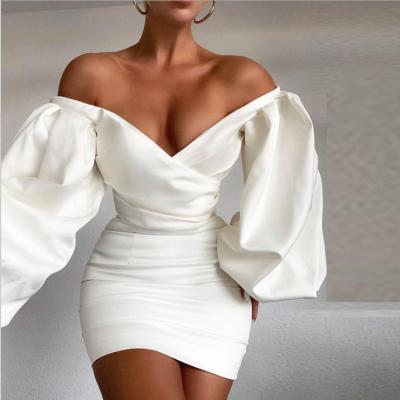 China Anti-Static 2021 Ladies Spring Off The Shoulder Long Sleeve Vintage Elegant Sexy Cocktail Dress Party Trimming Bodycon Dresses For Women for sale