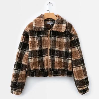 China Hot Selling Casual Short Women's Woolen Crop Jackets Lapel Plaid Zipper Winter Women's Clothing Lambskin QUICK DRY Jacket Woolen Jacket for sale