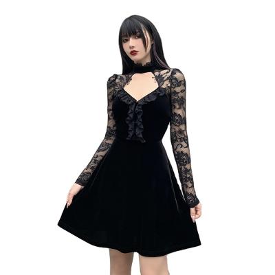 China Original OEM Anti-Wrinkle Dress Design Street Lace Long Sleeve Splicing Girl Hollowed-out Big Pendulum Dress for sale