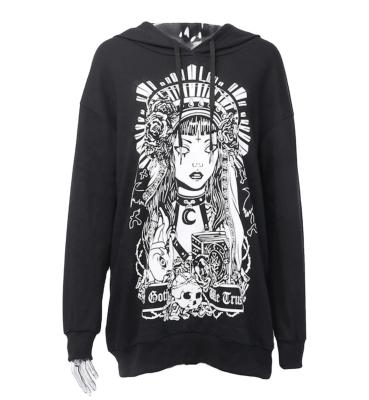 China Anti-wrinkle OEM dark girl weary of FB world loose hooded gothic witch print sad hoodie tops hoodie for sale