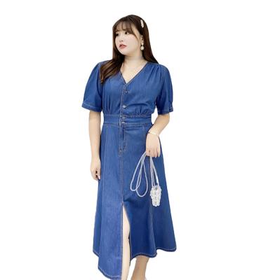 China OEM Big Size Women's Breathable Dress Spring New 2021 Mm V Collar Fat Sister Slim Denim Dress Younger Fat for sale